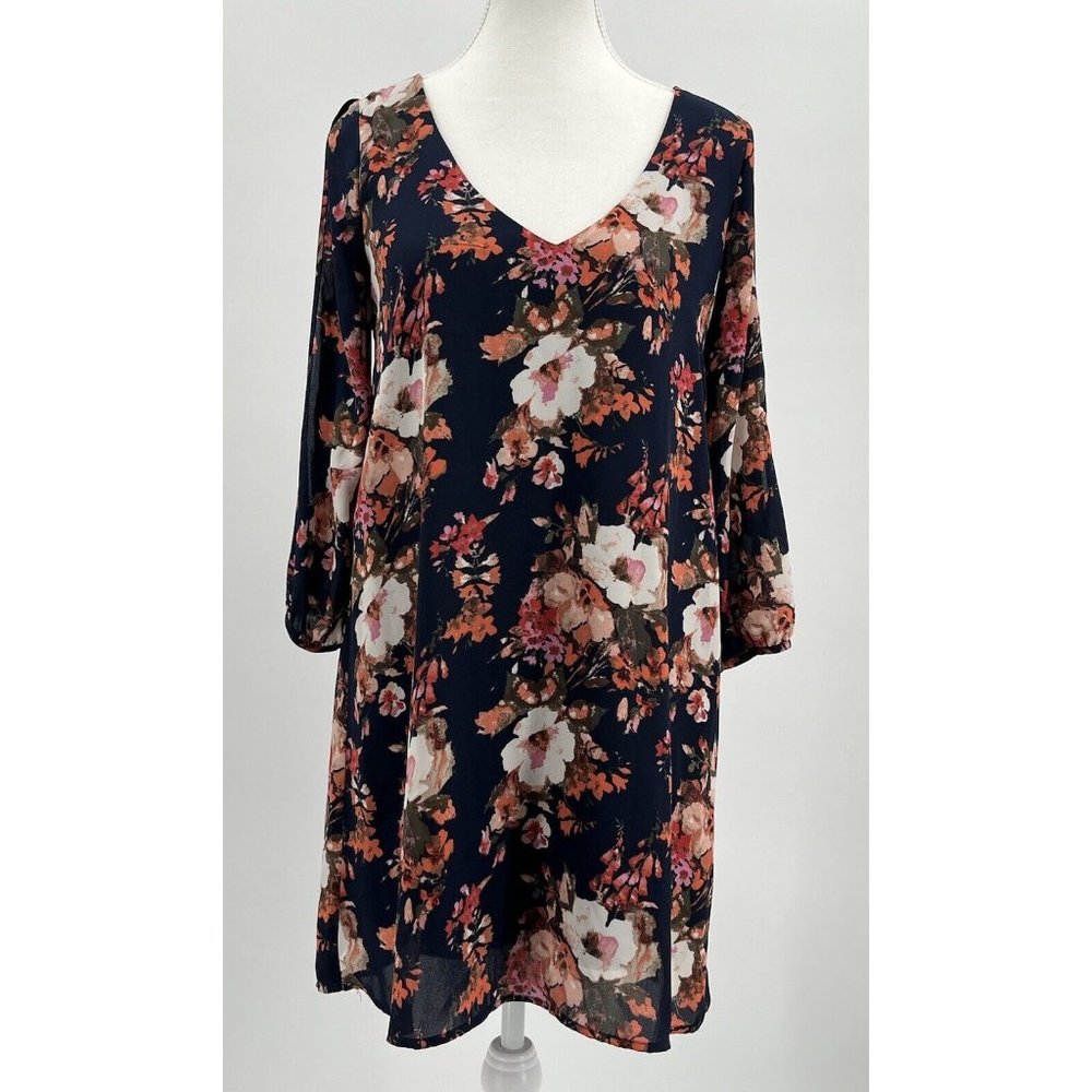 Lulus Women's Navy Blue Multi Floral Print Slit Sleeve‎ A Line Dress, XS Sheath